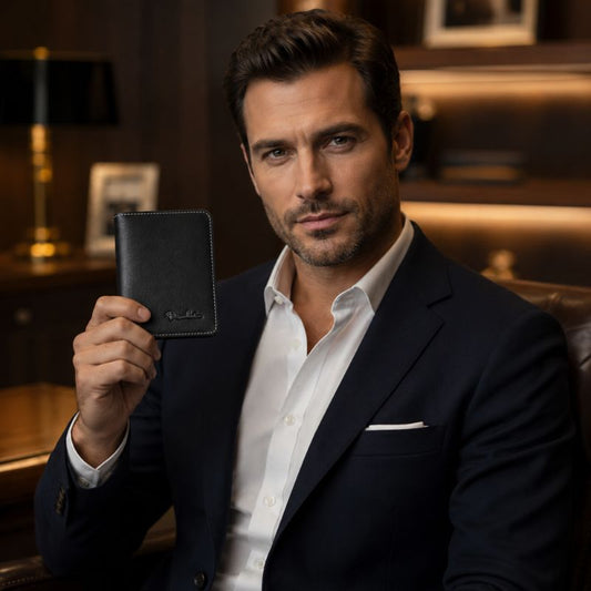 Homem elegante segurando carteira masculina Bison Denim preta