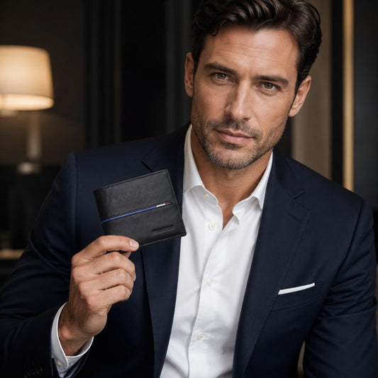 Homem elegante segurando carteira masculina Bison Denim preta em couro