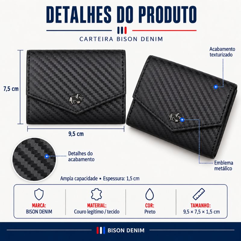 Detalhes e especificações da carteira Bison Denim preta em couro legítimo