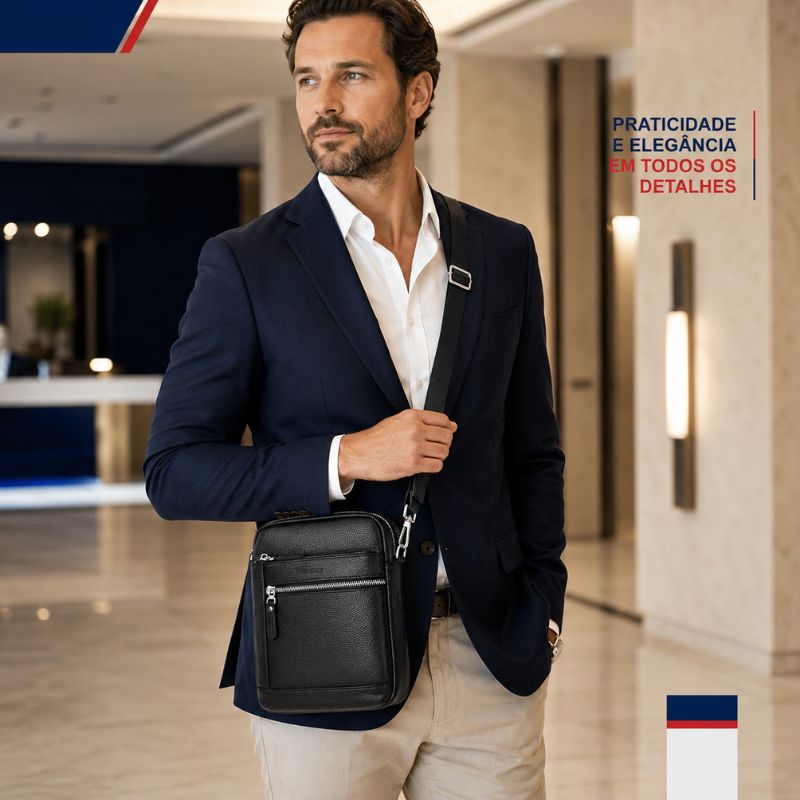 Bolsa Bison Denim Transversal Pocket em Couro Legítimo Masculina