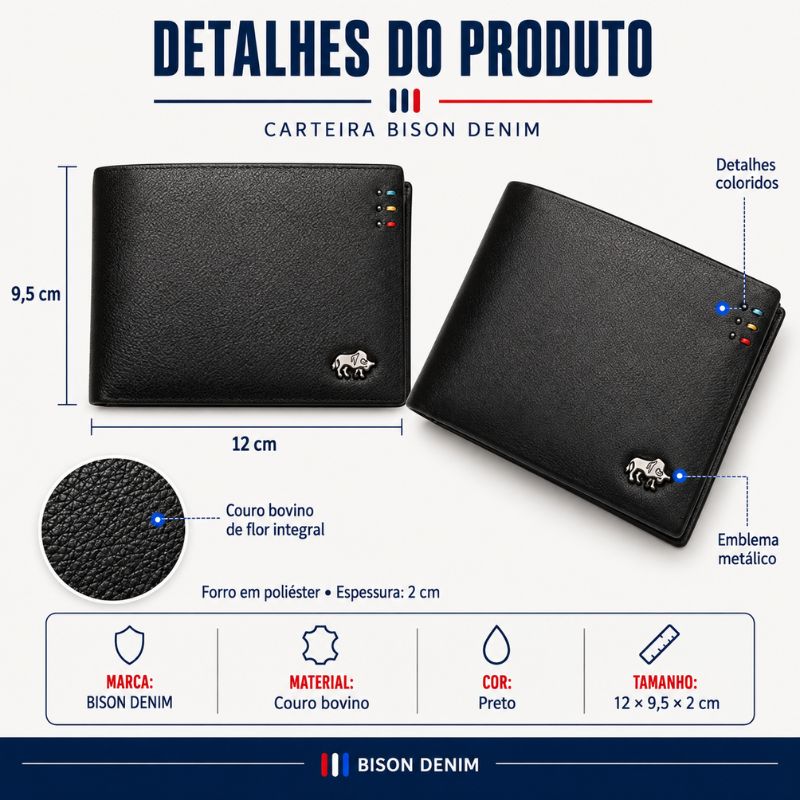 Carteira Masculina Bison Denim em Couro Legítimo com Detalhes do Produto