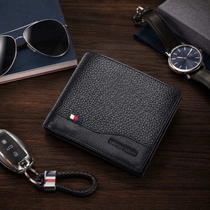 Carteira Masculina Slim Bison Denim Flag Bifold em Couro Legítimo