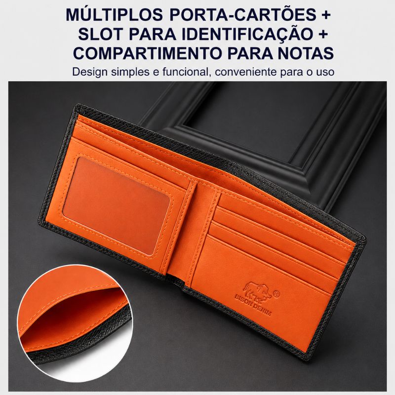 Carteira Bison Denim Bifold Couro Legítimo Original Carbon Laranja