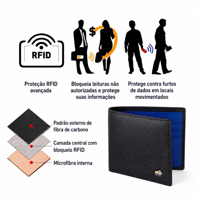Carteira Bison Denim Bifold Couro Legítimo Original Carbon RFID