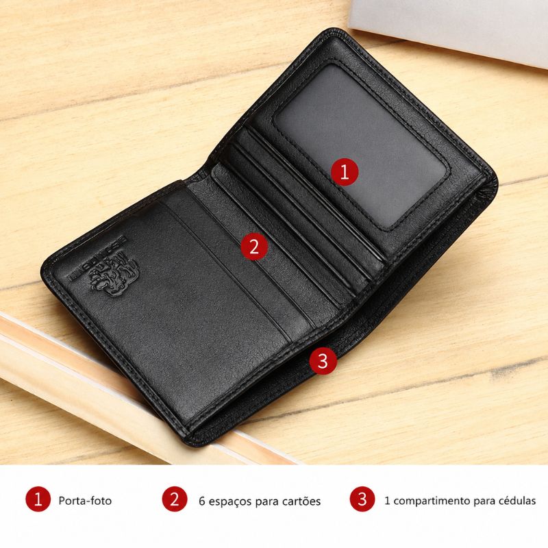 Carteira Bison Denim preta aberta com compartimentos internos para cartões e dinheiro