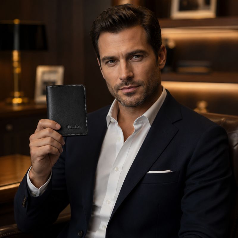 Homem elegante segurando carteira masculina Bison Denim preta