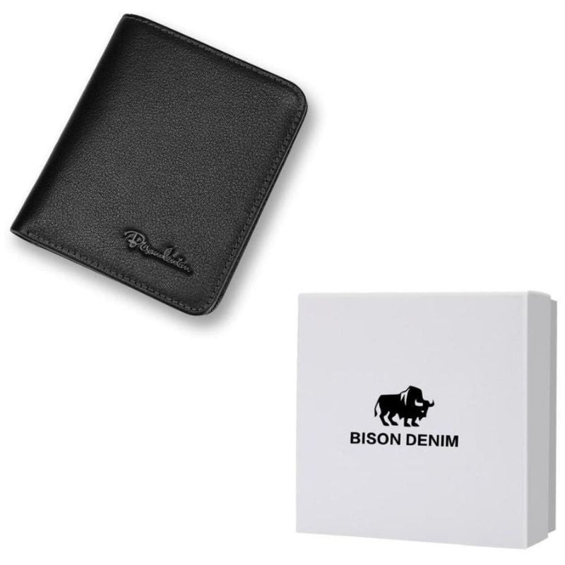 Carteira Bison Denim preta compacta com acabamento em couro e embalagem para presente