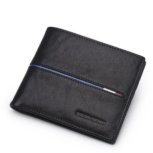 Carteira masculina Bison Denim preta em couro com detalhe azul, branco e vermelho