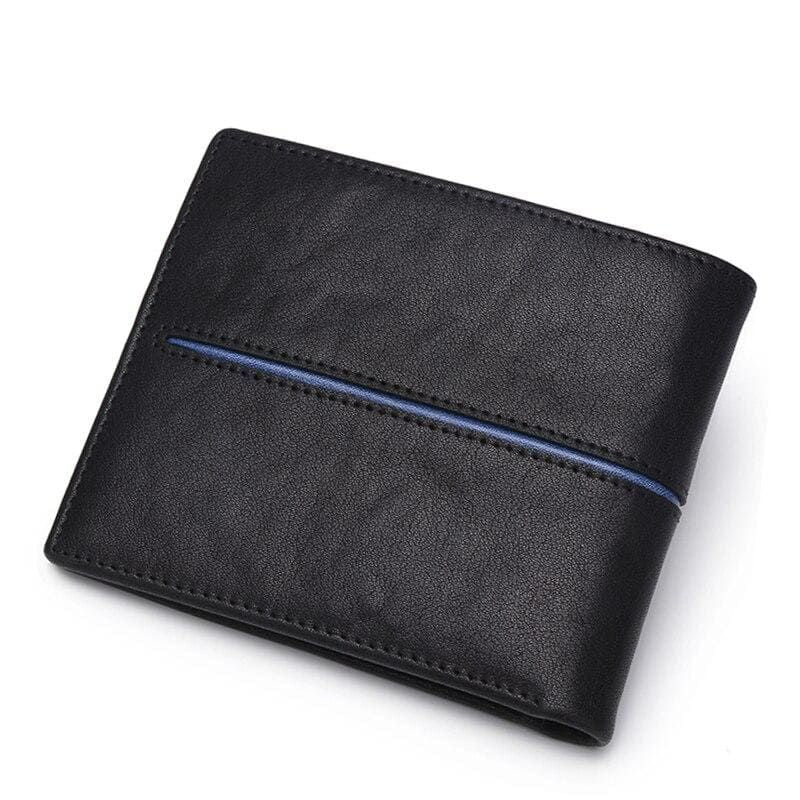 Parte traseira da carteira Bison Denim preta com detalhe azul, branco e vermelho
