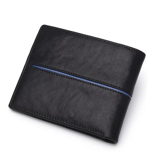 Parte traseira da carteira Bison Denim preta com detalhe azul, branco e vermelho