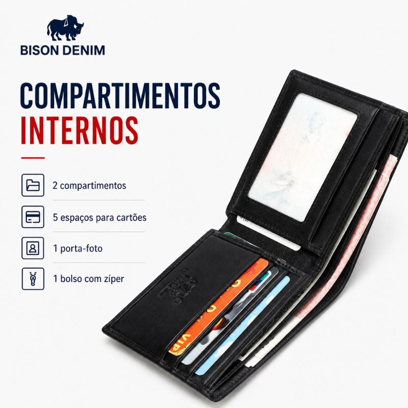Compartimentos internos da carteira Bison Denim para cartões, documentos e dinheiro