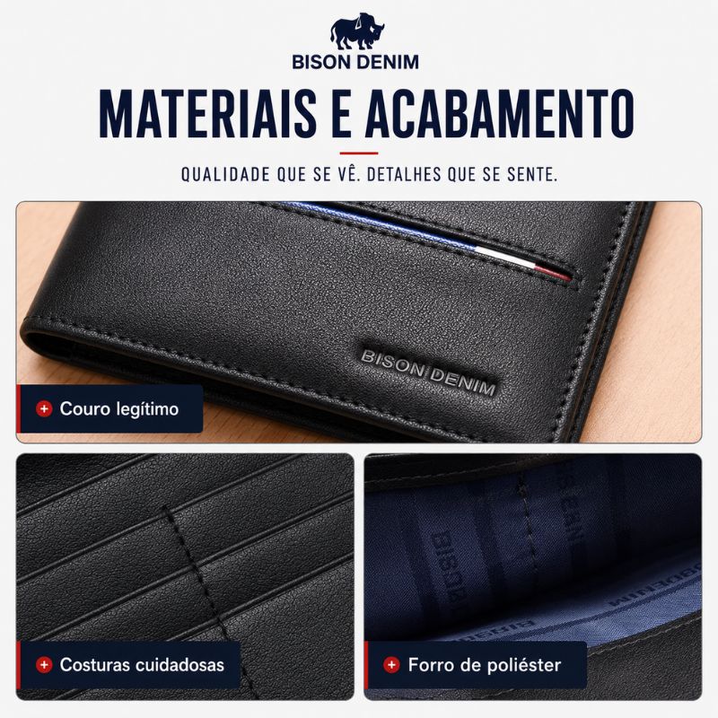 Materiais e acabamento da carteira Bison Denim preta em couro legítimo