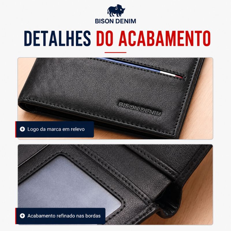 Detalhes do acabamento externo e costuras da carteira masculina Bison Denim