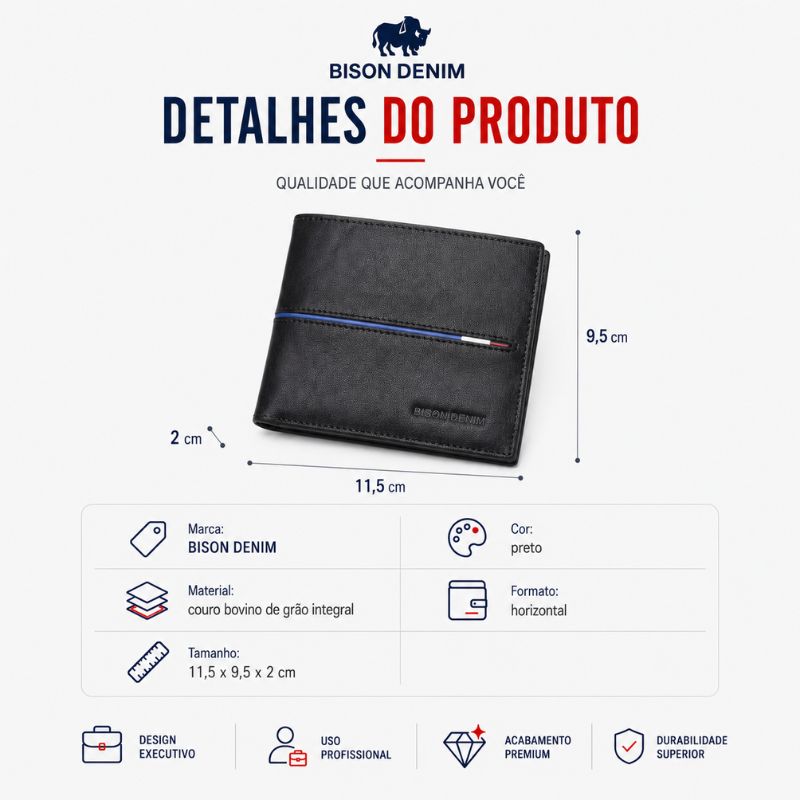 Detalhes e características da carteira masculina Bison Denim em couro preto