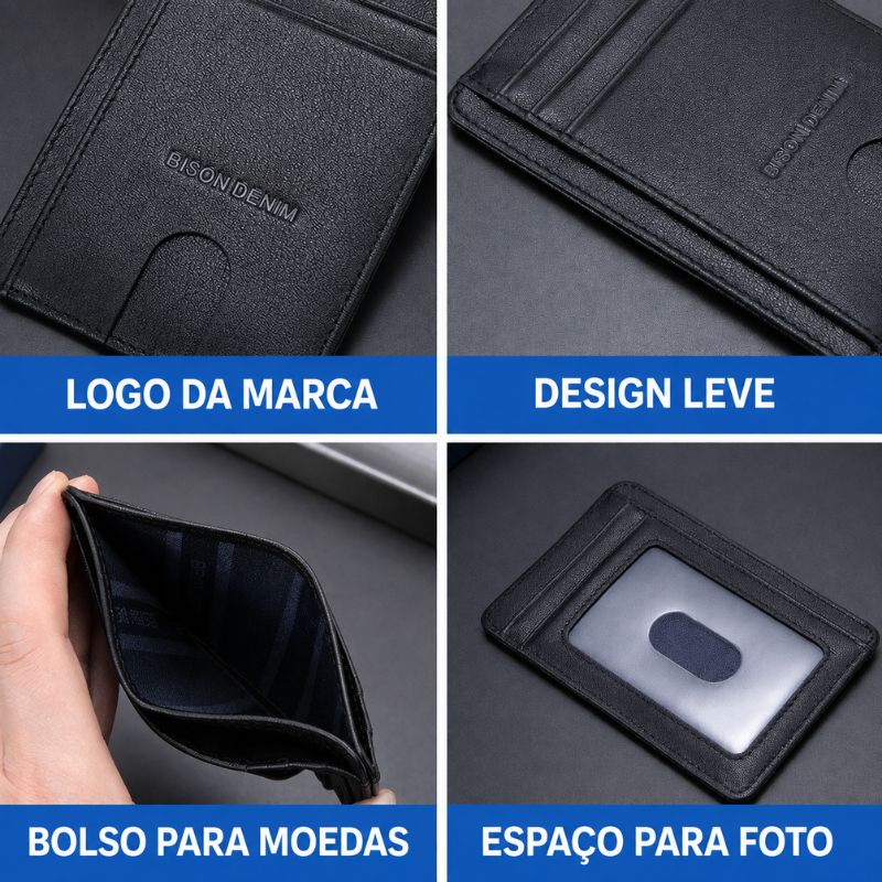 Carteira Bison Denim Sherlock em Couro Legítimo com RFID  Bolso Para Moedas
