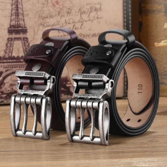 Cintos masculinos Bison Denim Mark em couro legítimo preto e marrom com fivela metálica