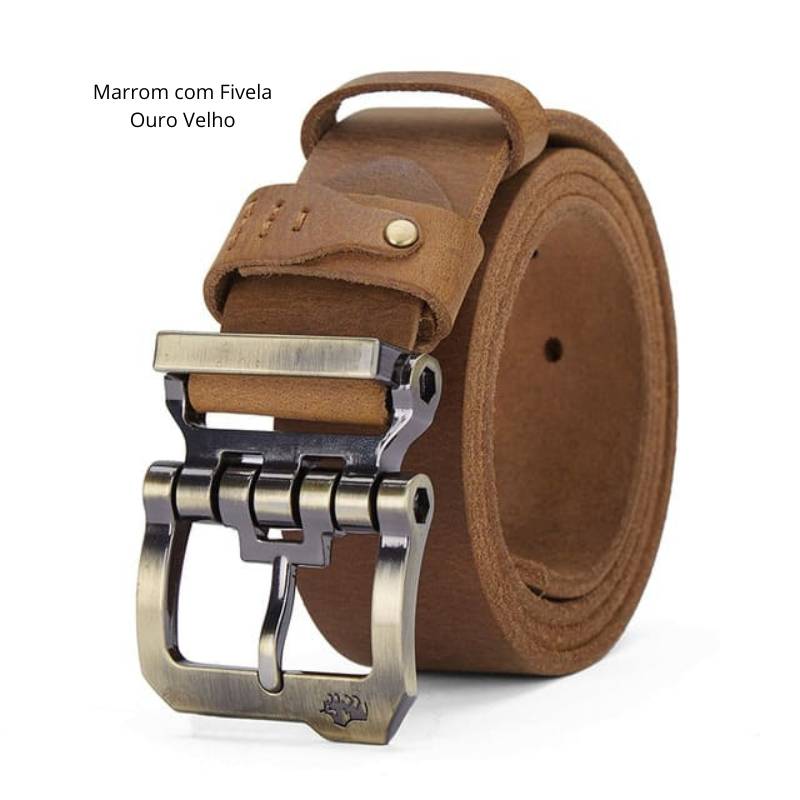 Cinto Masculino Bison Denim Cowboy em Couro Legítimo Marrom Ouro Velho