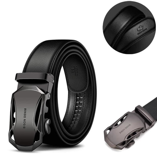 Cinto Bison Denim preto com fivela automática removível e acabamento em couro