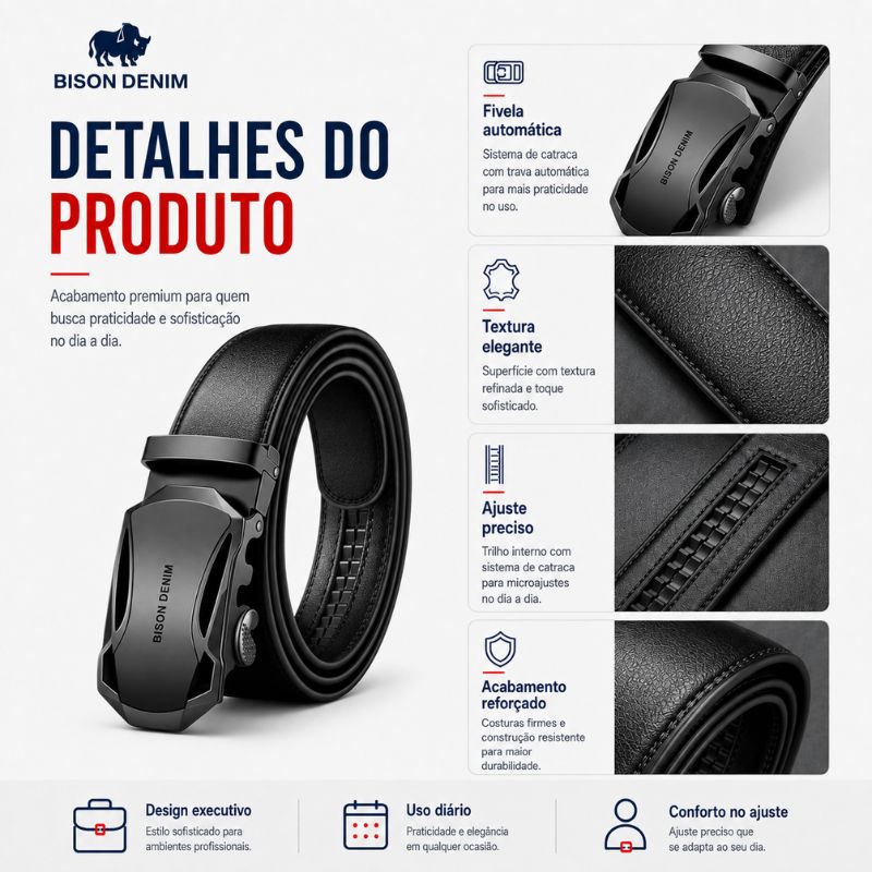 Detalhes do cinto Bison Denim com fivela automática, textura e sistema de ajuste