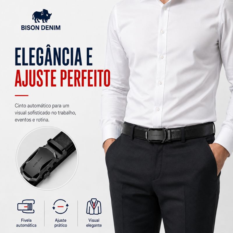 Homem usando cinto Bison Denim preto com ajuste preciso e visual elegante