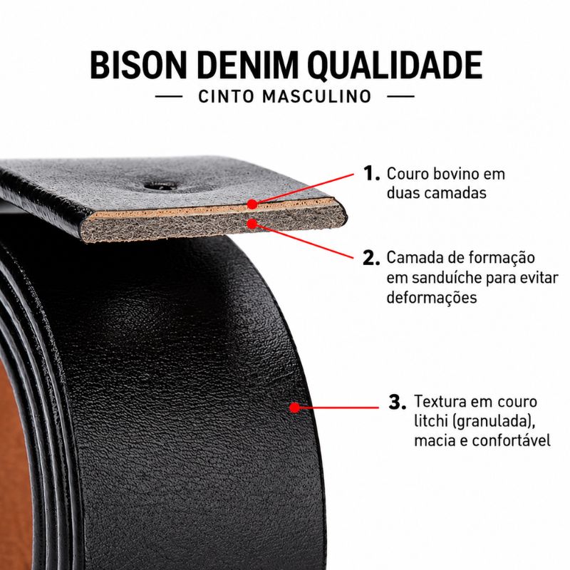 Detalhe do couro legítimo e acabamento do cinto masculino Bison Denim Mark
