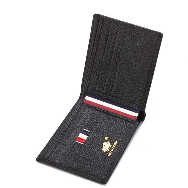 Carteira masculina Bison Denim preta aberta com detalhes internos e acabamento premium