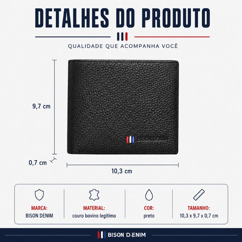 Detalhes e medidas da carteira masculina Bison Denim preta em couro