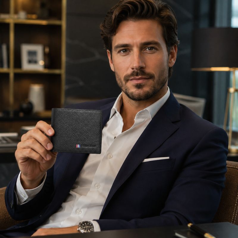 Homem elegante segurando carteira masculina Bison Denim preta em couro