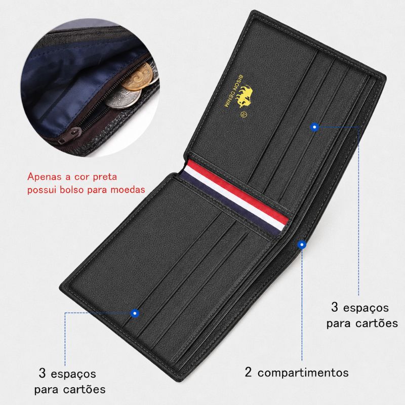 Compartimentos internos da carteira Bison Denim para cartões e documentos