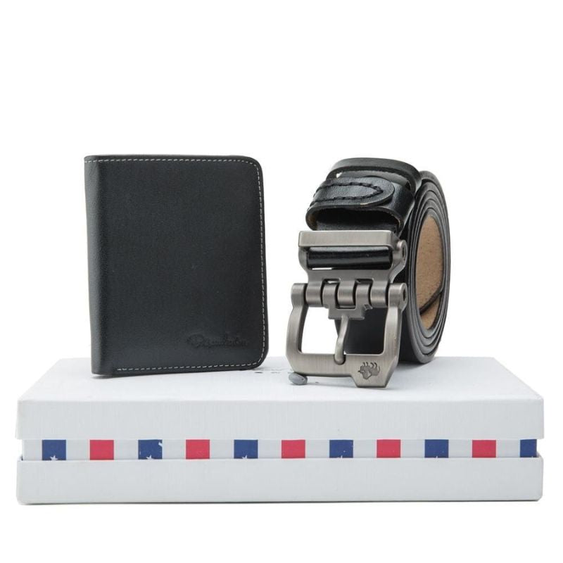 Kit Bison Denim com carteira masculina preta e cinto de couro com fivela metálica
