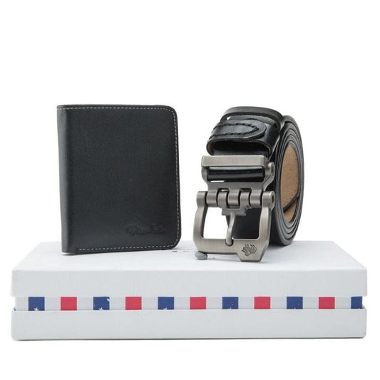 Kit Bison Denim com carteira masculina preta e cinto de couro com fivela metálica