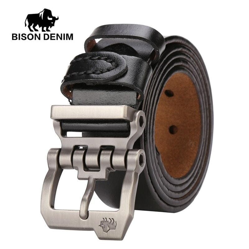 Cinto masculino Bison Denim preto em couro com fivela metálica e acabamento marrom
