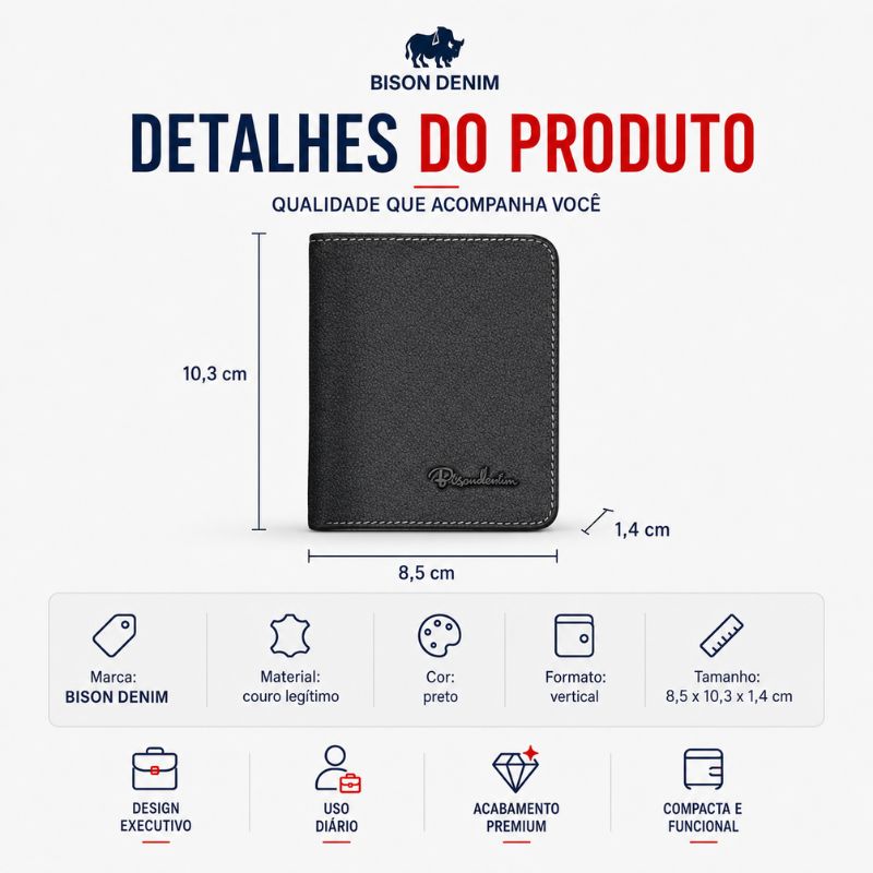 Detalhes e medidas da carteira masculina Bison Denim preta em couro