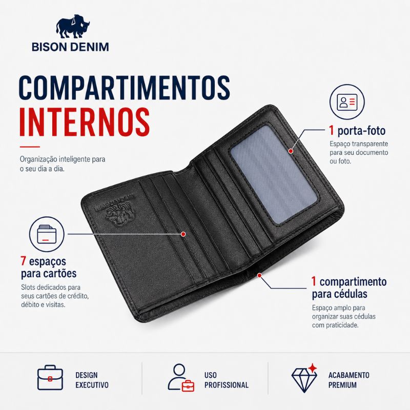 Compartimentos internos da carteira Bison Denim para cartões, documentos e dinheiro