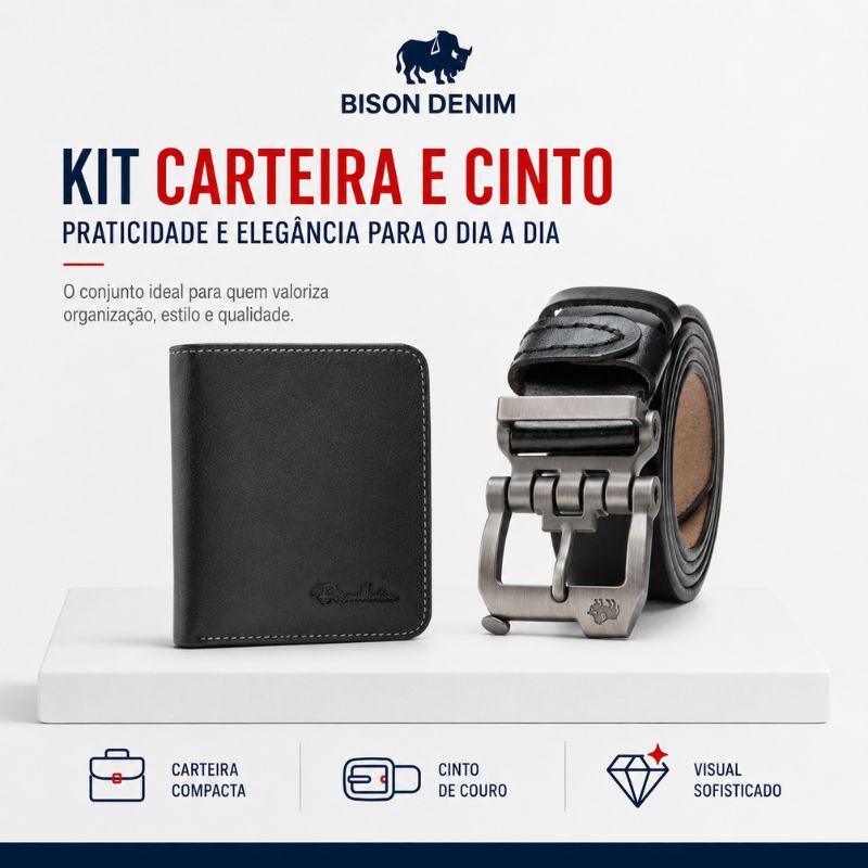 Kit carteira e cinto Bison Denim masculino em couro para presente