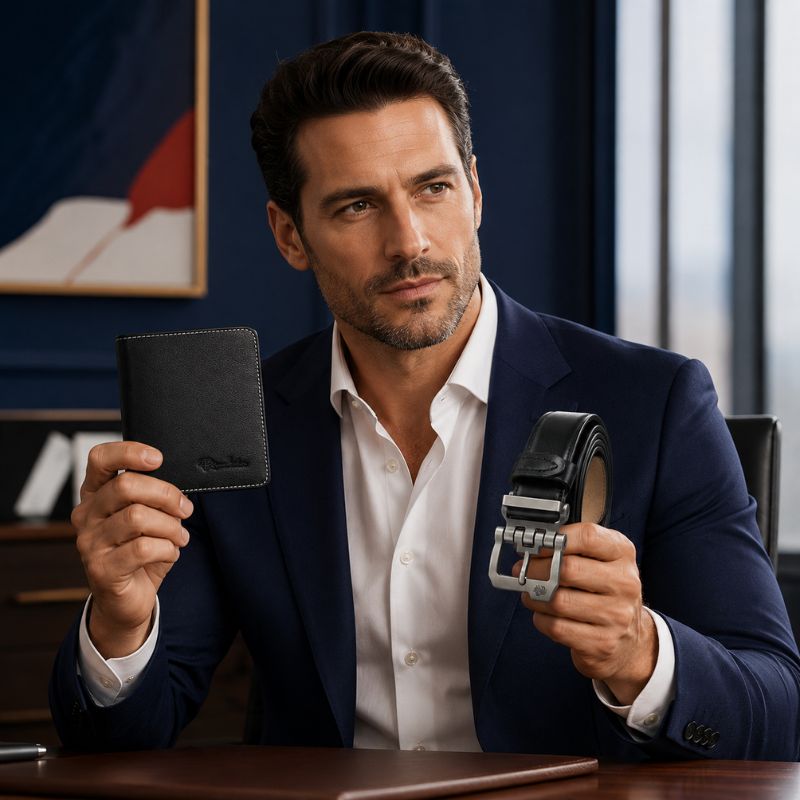 Homem elegante segurando carteira e cinto Bison Denim em couro