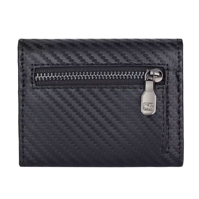 Carteira Bison Denim preta em couro legítimo com bolso traseiro com zíper