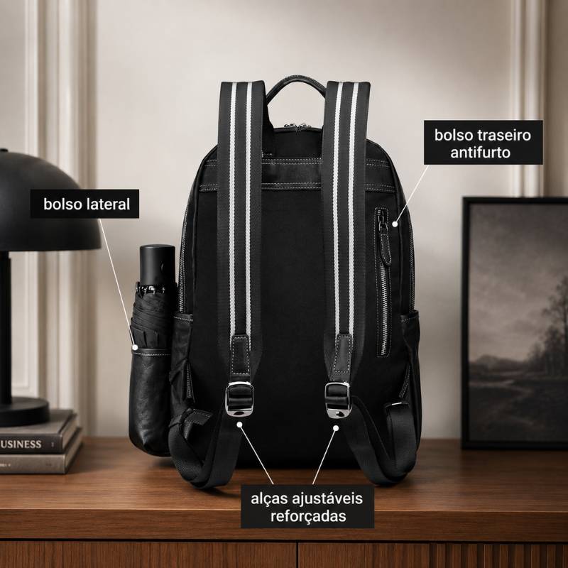 Mochila Preta Bison Denim Etos para Notebook em Couro