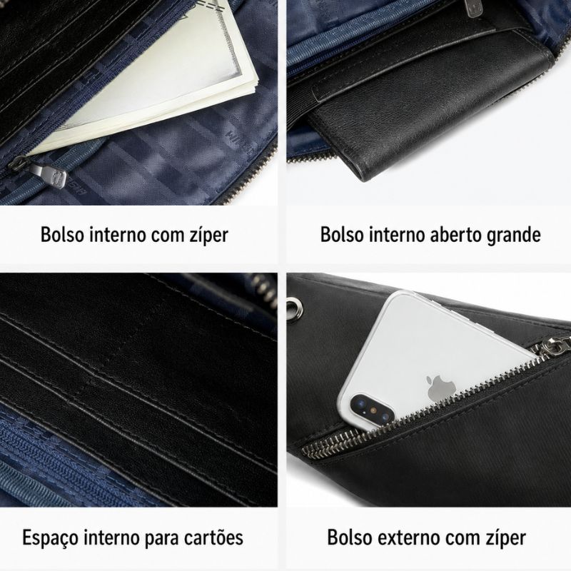 Pochete Bison Denim London em Couro Legítimo Bolso Interno